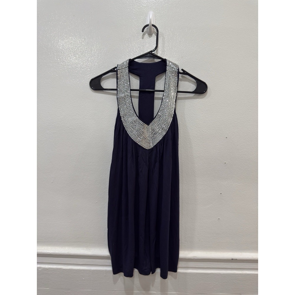 Women's Navy Blue Rhinestone Embellished Halter Top Sleeveless Flowy‎ Blouse